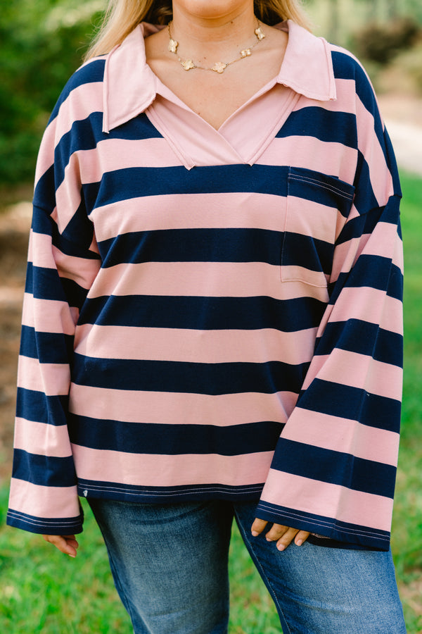 Chic Soul plus size clothing, navy and blush pink horizontal striped long sleeve pullover with v neckline and oversized collar and front pocket
