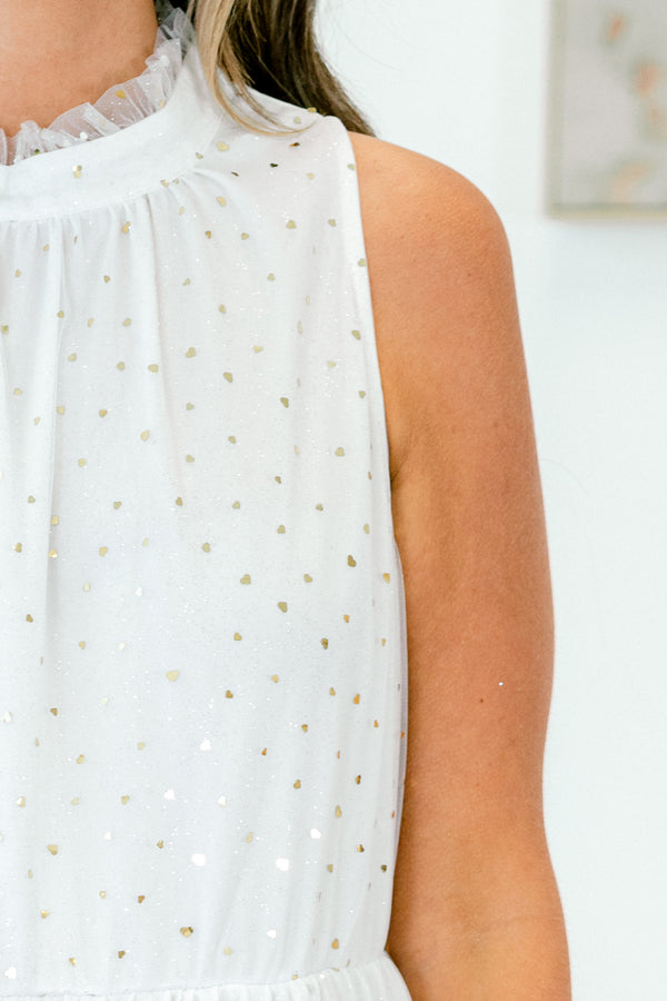 Chic Soul plus size clothing, sleeveless white knee length dress with ruffle along neckline and small gold dotted print