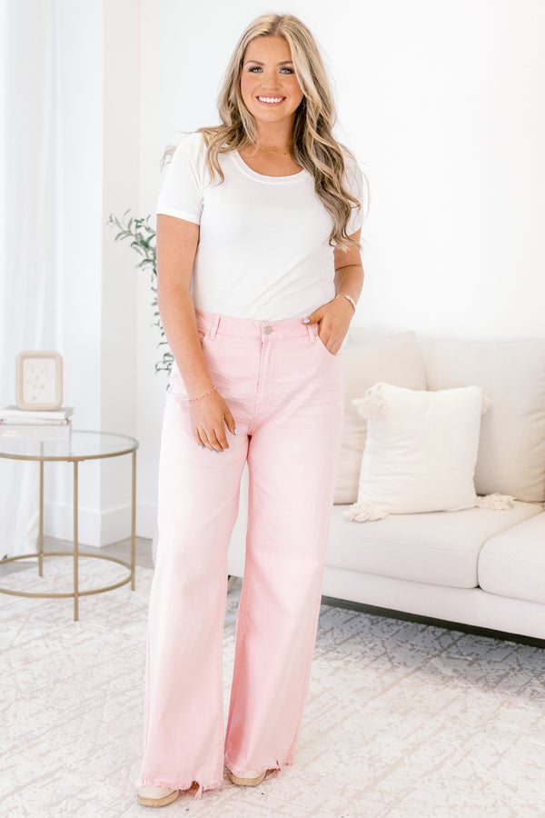 Chic Soul plus size clothing, light pink jeans with front pockets and frayed hemline