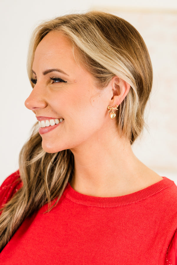 Chic Soul plus size clothing, gold bow pattern earrings with a heart dangle
