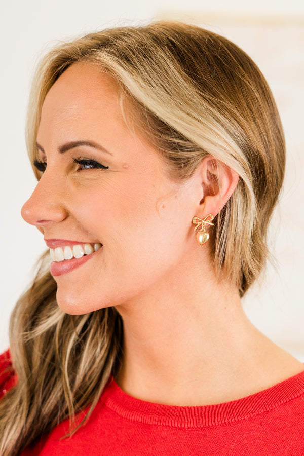 Chic Soul plus size clothing, gold bow pattern earrings with a heart dangle