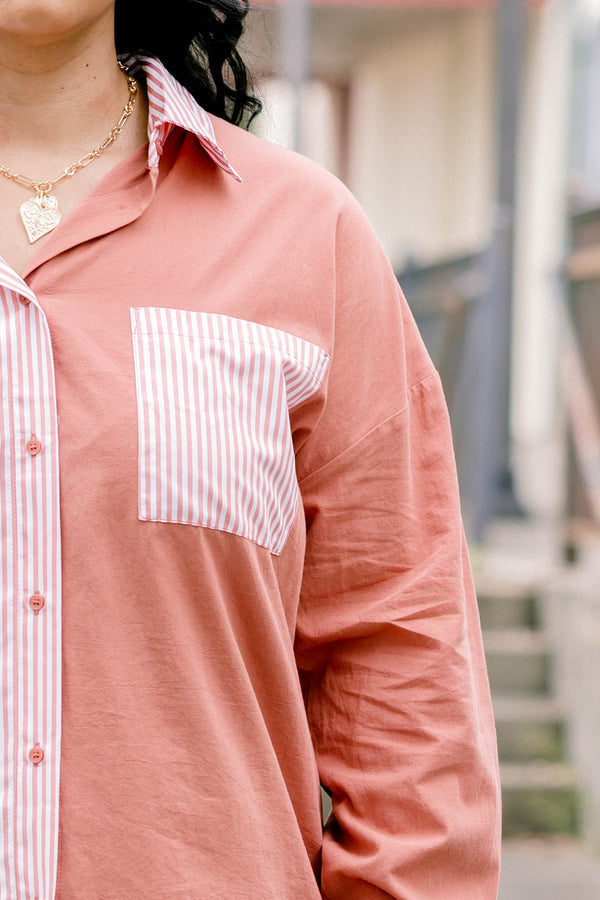 Chic Soul plus size, light pink and mauve colorblock long sleeve button down top with pink stripe left breast pocket