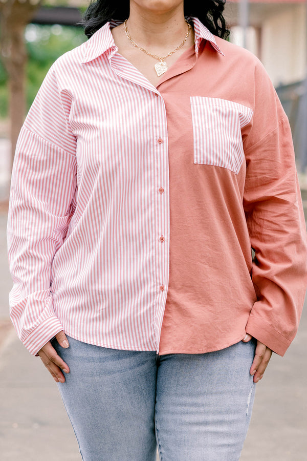 Chic Soul plus size, light pink and mauve colorblock long sleeve button down top with pink stripe left breast pocket