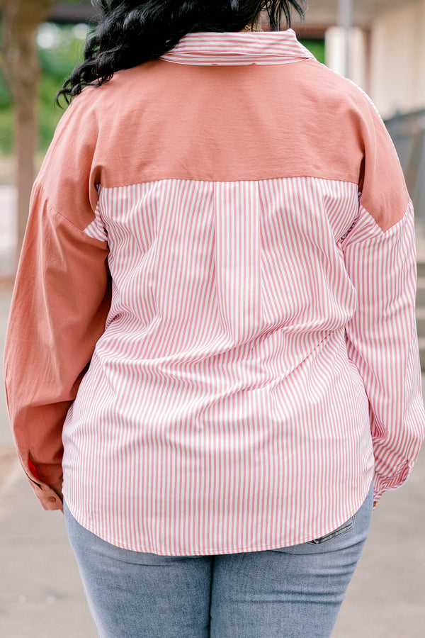 Chic Soul plus size, light pink and mauve colorblock long sleeve button down top with pink stripe left breast pocket