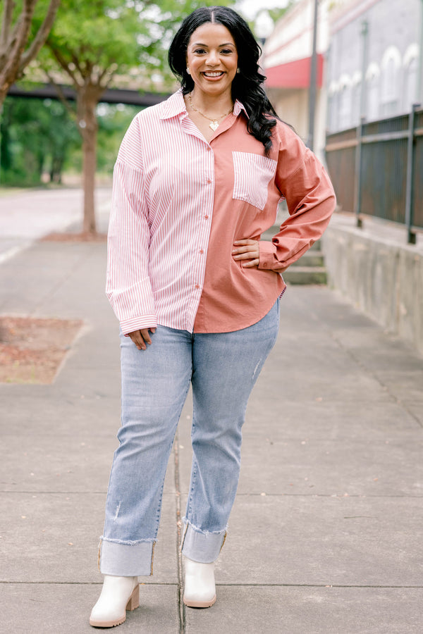 Chic Soul plus size, light pink and mauve colorblock long sleeve button down top with pink stripe left breast pocket