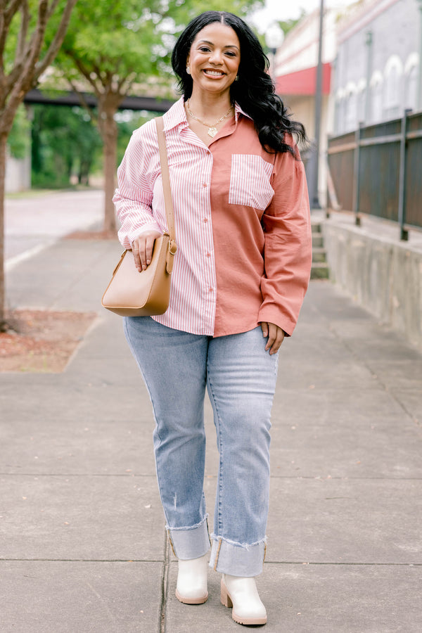 Chic Soul plus size, light pink and mauve colorblock long sleeve button down top with pink stripe left breast pocket