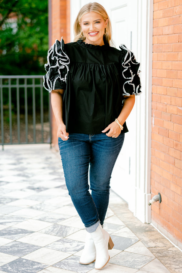 Chic Soul plus size clothing, Black top with short sleeves that have ruffle details on each sleeve that are stitched with a white textured pattern