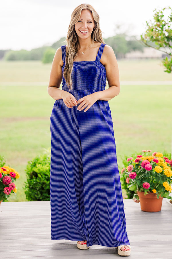 Chic Soul plus size clothing, blue/ivory sleeveless jumpsuit with flowy pants with smocked top with stripe pattern