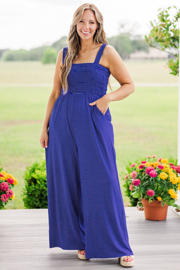 Chic Soul plus size clothing, blue/ivory sleeveless jumpsuit with flowy pants with smocked top with stripe pattern