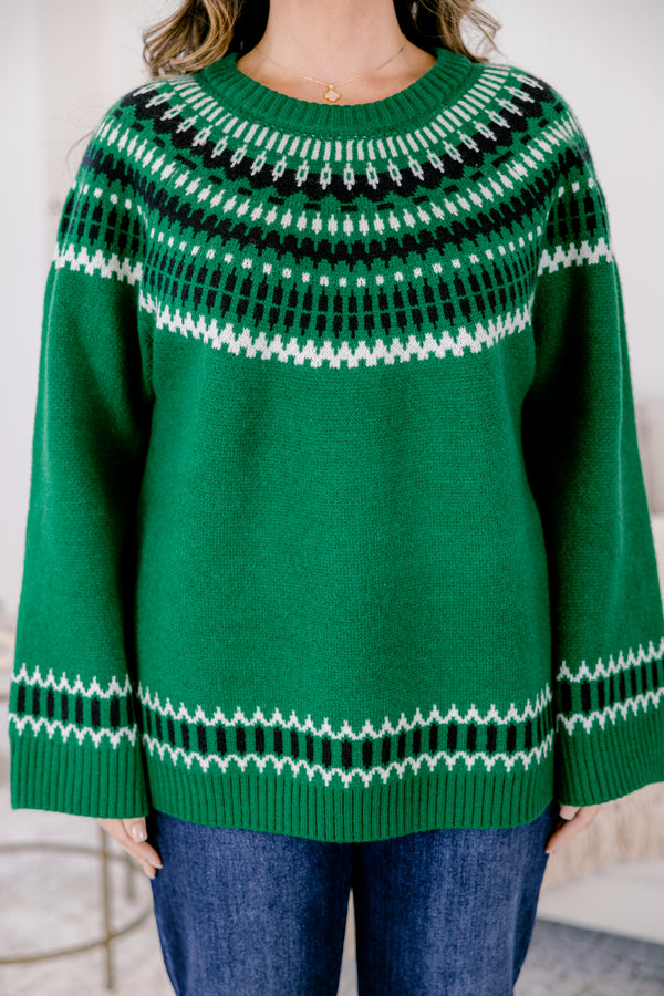Chic Soul plus size clothing, emerald long sleeve sweater with a geometric pattern on the bust and at the end of each sleeve