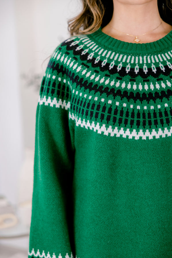 Chic Soul plus size clothing, emerald long sleeve sweater with a geometric pattern on the bust and at the end of each sleeve