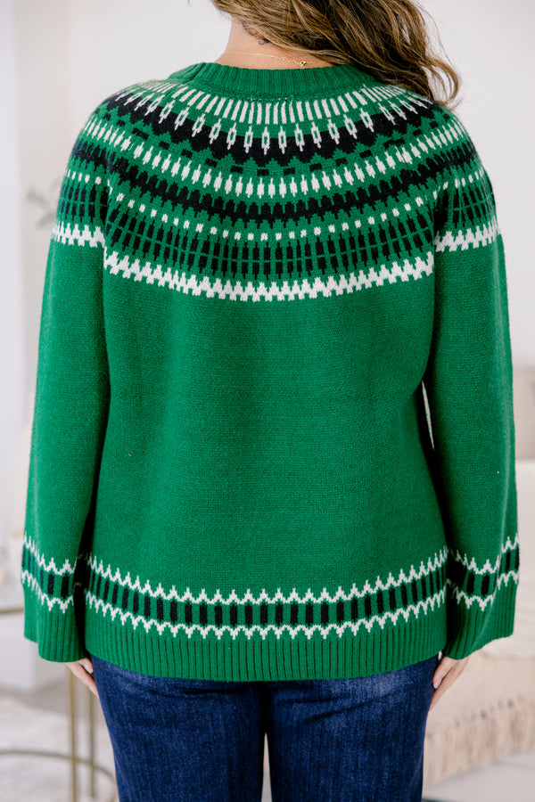 Chic Soul plus size clothing, emerald long sleeve sweater with a geometric pattern on the bust and at the end of each sleeve