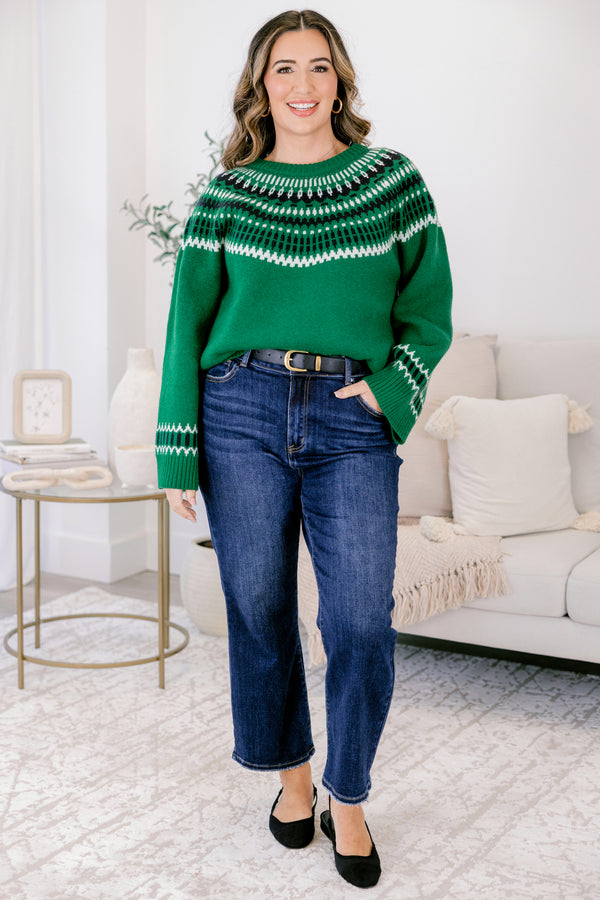 Chic Soul plus size clothing, emerald long sleeve sweater with a geometric pattern on the bust and at the end of each sleeve