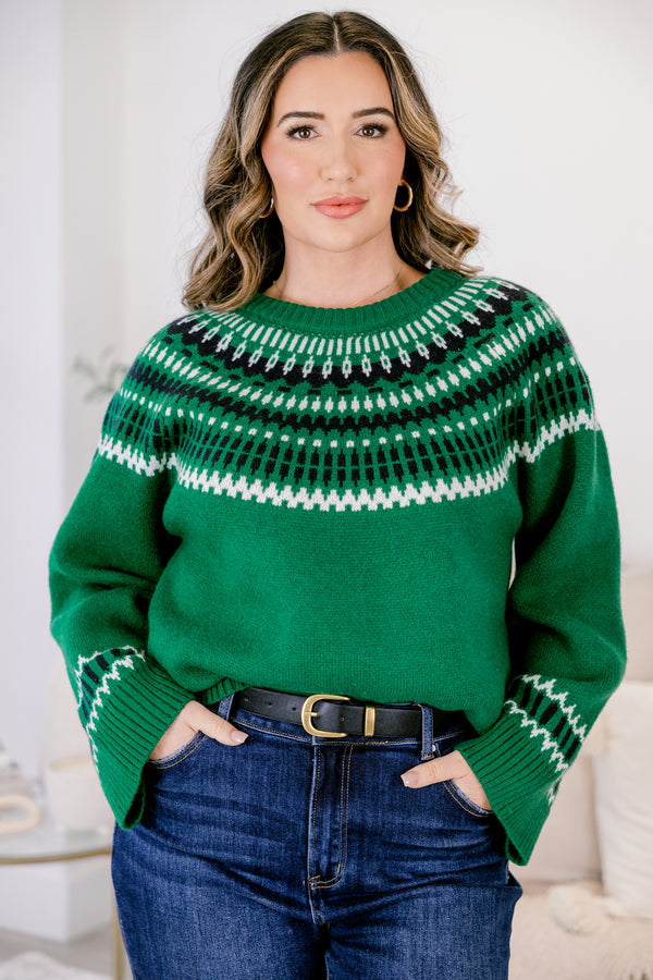 Chic Soul plus size clothing, emerald long sleeve sweater with a geometric pattern on the bust and at the end of each sleeve