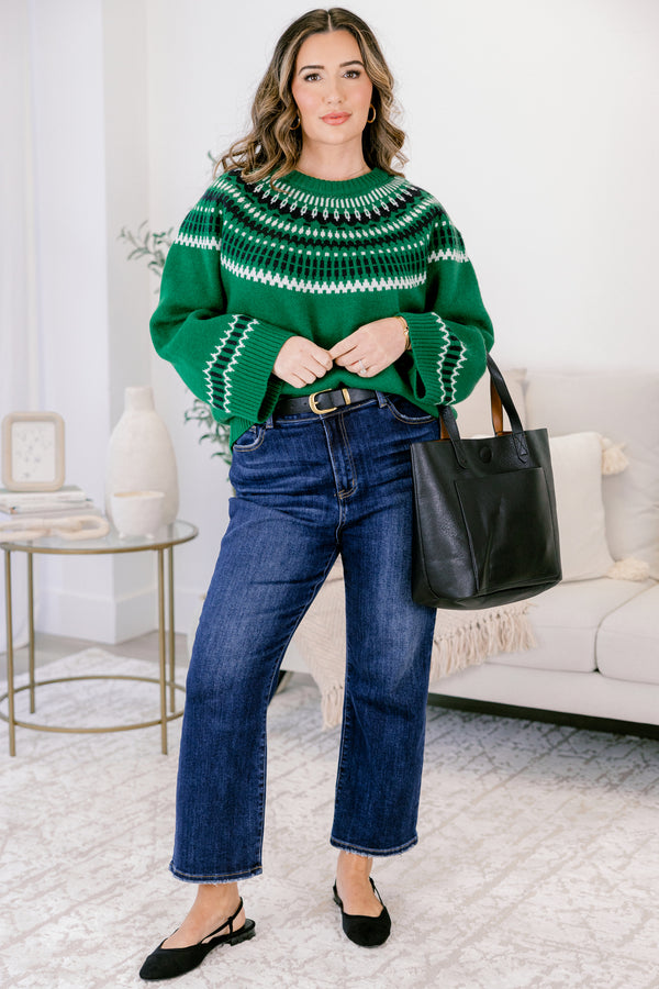 Chic Soul plus size clothing, emerald long sleeve sweater with a geometric pattern on the bust and at the end of each sleeve
