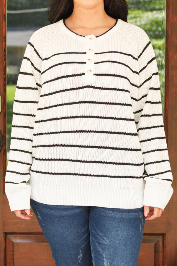 Chic Soul plus size clothing, ivory and black stripepd sweater soft with button detailing at neckline