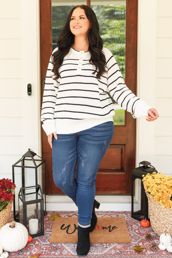 Chic Soul plus size clothing, ivory and black stripepd sweater soft with button detailing at neckline