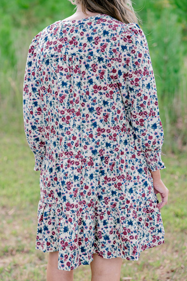 Chic Soul plus size clothing, cream long sleeve short dress with marron and navy floral print and a slight v neckline 