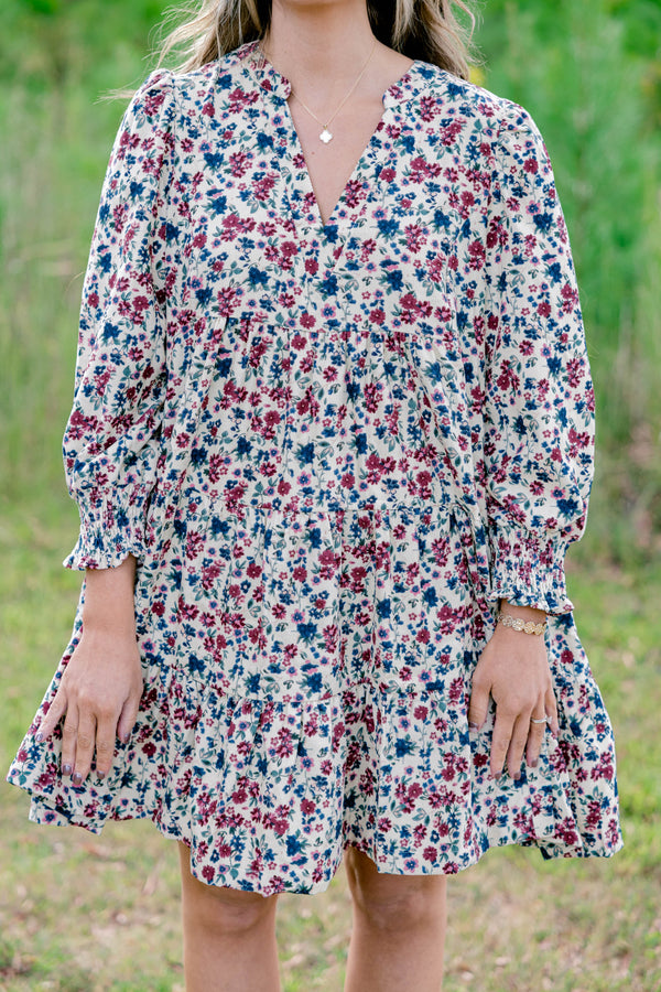 Chic Soul plus size clothing, cream long sleeve short dress with marron and navy floral print and a slight v neckline 