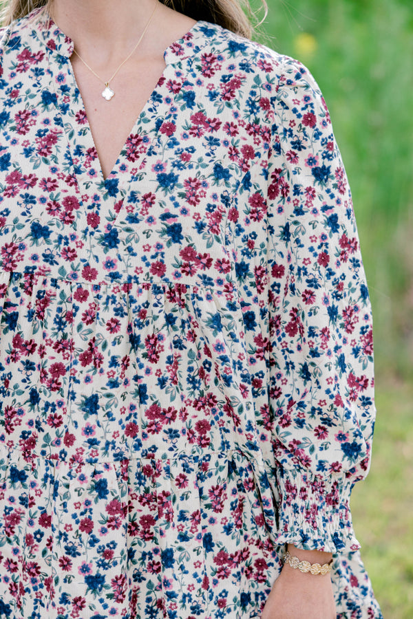 Chic Soul plus size clothing, cream long sleeve short dress with marron and navy floral print and a slight v neckline 