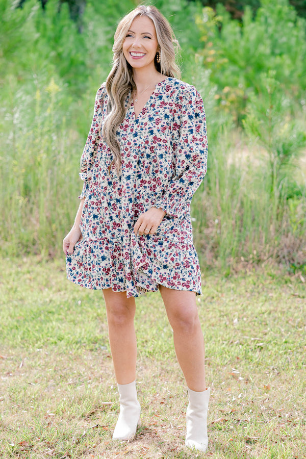Chic Soul plus size clothing, cream long sleeve short dress with marron and navy floral print and a slight v neckline 