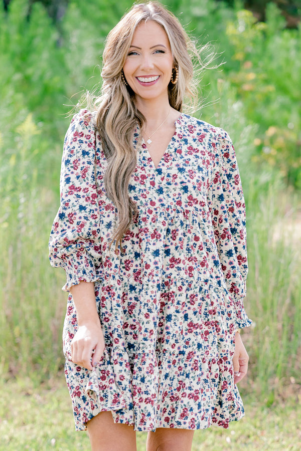 Chic Soul plus size clothing, cream long sleeve short dress with marron and navy floral print and a slight v neckline 