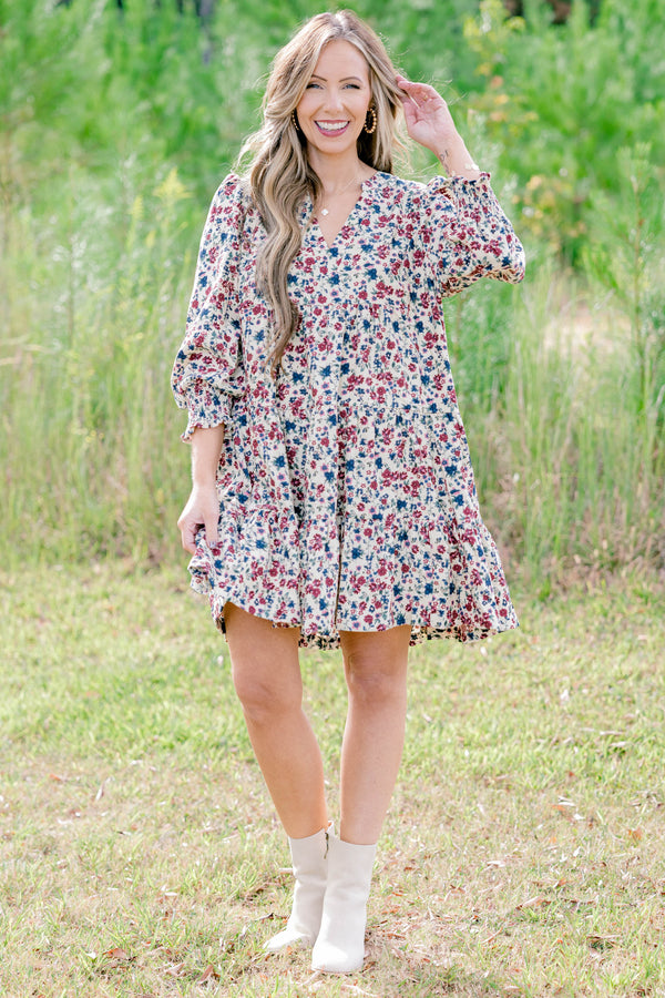 Chic Soul plus size clothing, cream long sleeve short dress with marron and navy floral print and a slight v neckline 