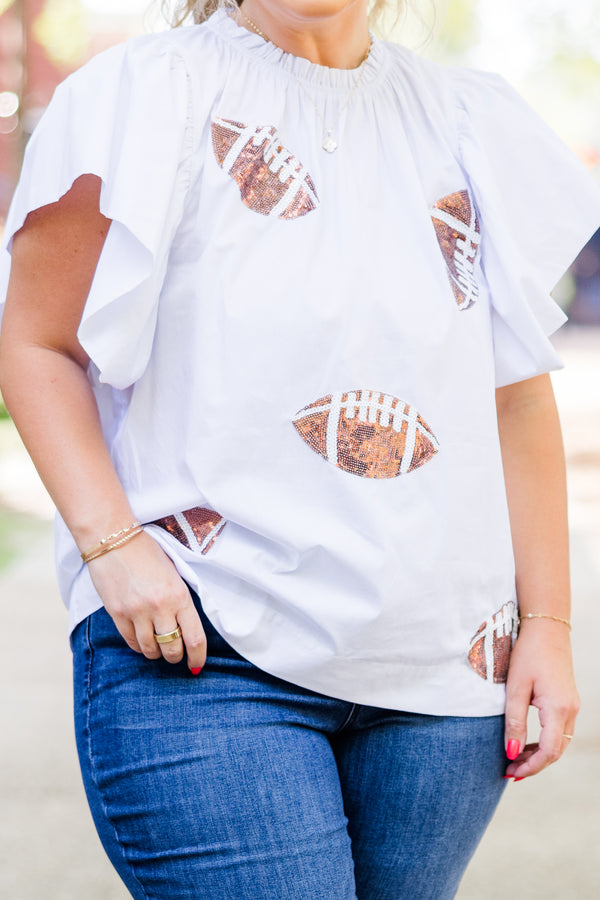 Chic Soul plus size clothing, short-flutter-sleeve white top with smocked neckline and sequined footballs scattered across top 