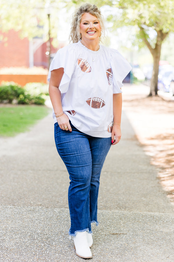 Chic Soul plus size clothing, short-flutter-sleeve white top with smocked neckline and sequined footballs scattered across top 