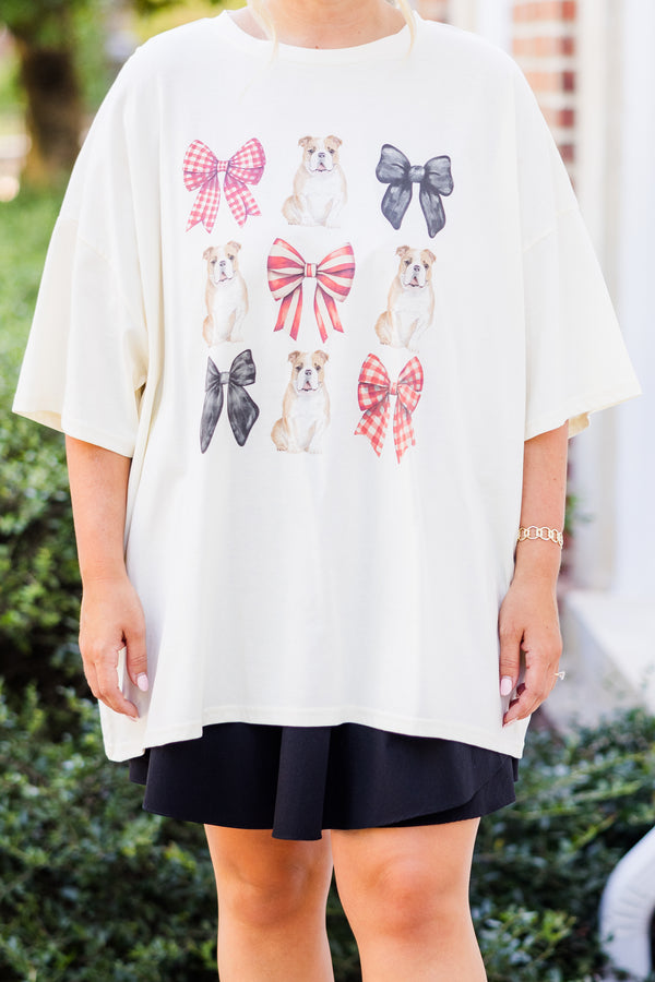 Chic Soul plus size clothing, ivory boyfriend tee with short-sleeves with red and blue bow and bulldog graphic pattern 