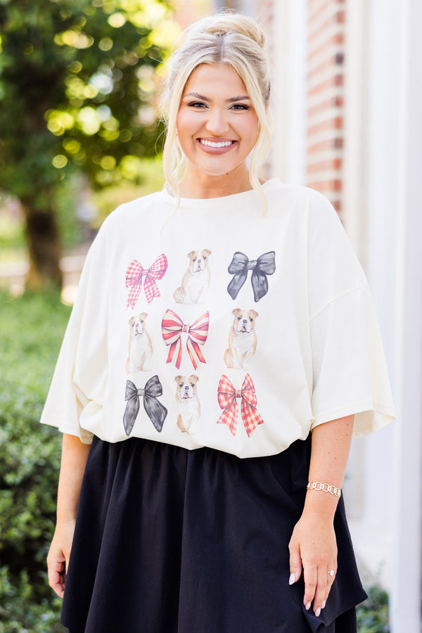 Chic Soul plus size clothing, ivory boyfriend tee with short-sleeves with red and blue bow and bulldog graphic pattern 