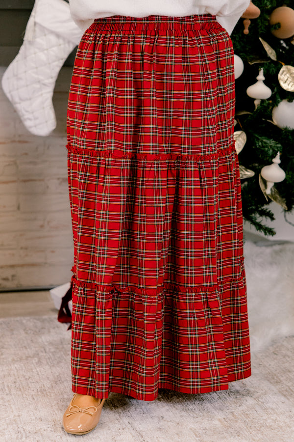 Chic Soul plus size clothing, red and black plaid tiered maxi skirt with stretchy waist band
