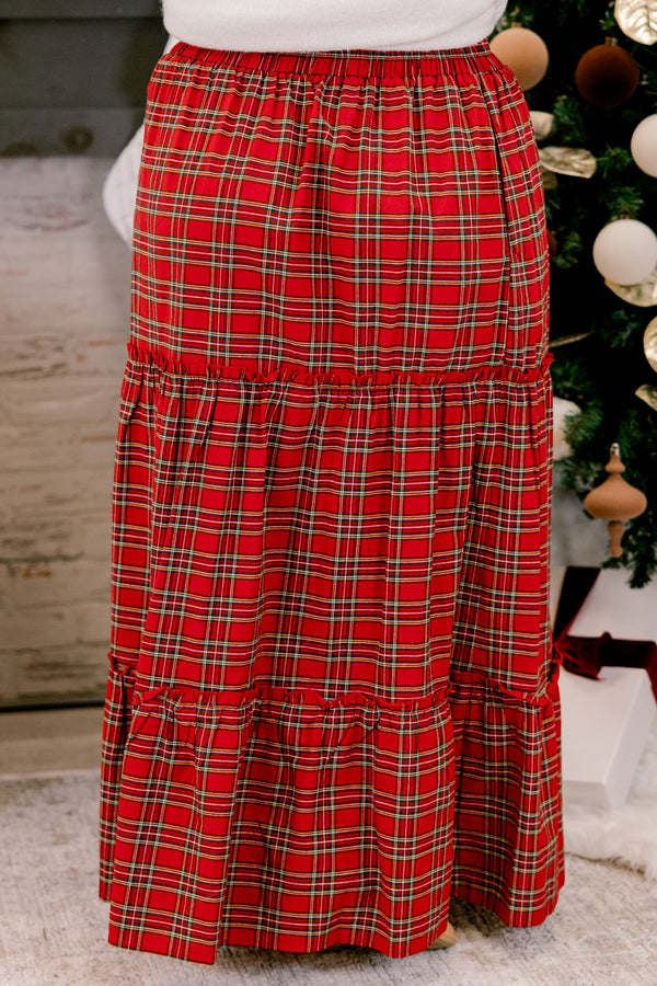 Chic Soul plus size clothing, red and black plaid tiered maxi skirt with stretchy waist band