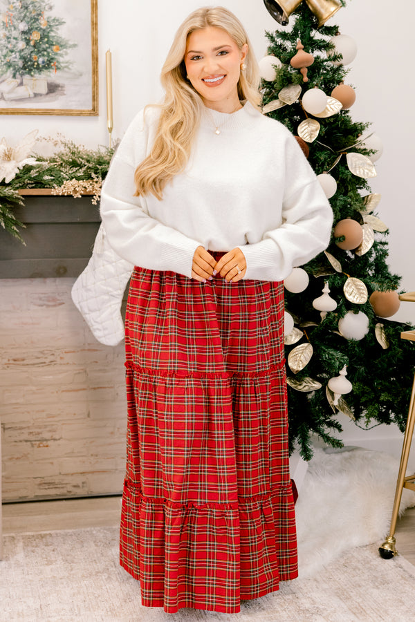 Chic Soul plus size clothing, red and black plaid tiered maxi skirt with stretchy waist band