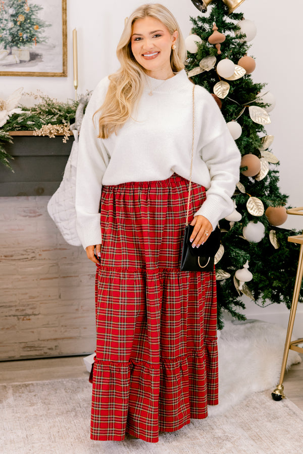 Chic Soul plus size clothing, red and black plaid tiered maxi skirt with stretchy waist band