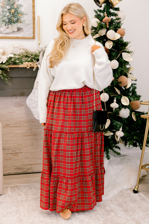 Chic Soul plus size clothing, red and black plaid tiered maxi skirt with stretchy waist band
