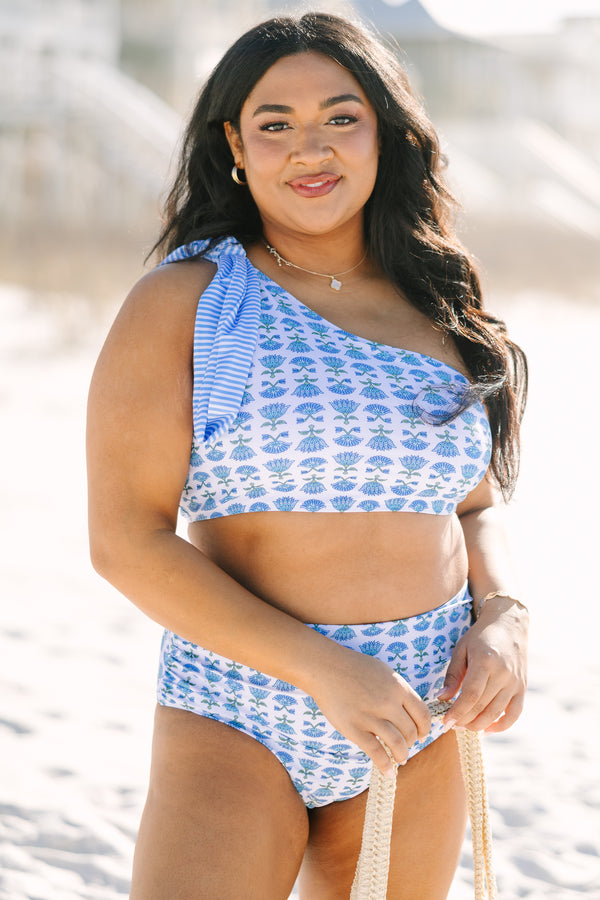 Chic Soul plus size clothing, blue floral one shoulder bikini top with a floral block pattern throughout and a blue striped bow that ties on top of the shoulder 