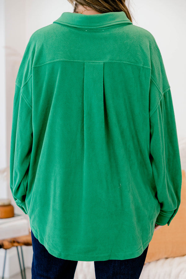 Chic Soul plus size clothing, Kelly green long sleeve button up shacket with oversized black buttons and 2 front chest pockets 