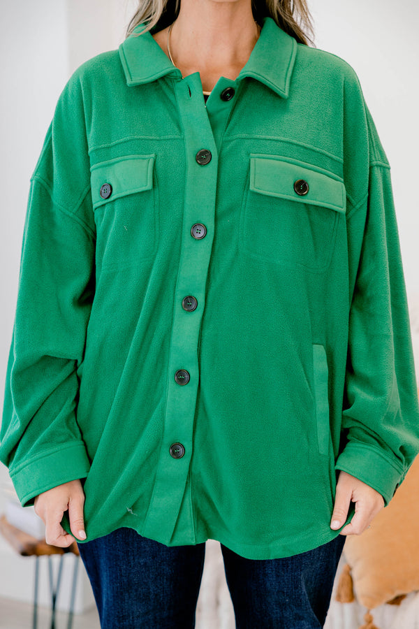 Chic Soul plus size clothing, Kelly green long sleeve button up shacket with oversized black buttons and 2 front chest pockets 