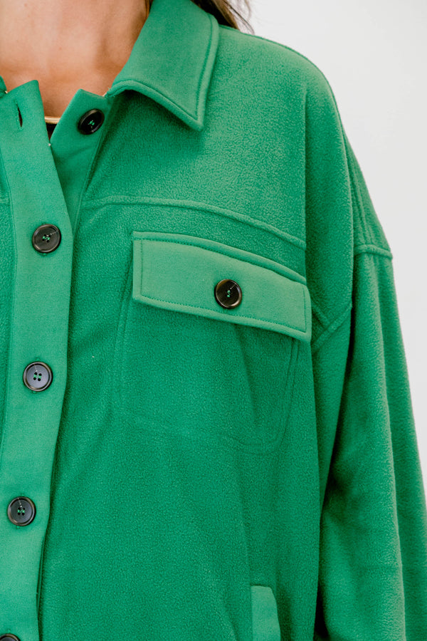 Chic Soul plus size clothing, Kelly green long sleeve button up shacket with oversized black buttons and 2 front chest pockets 