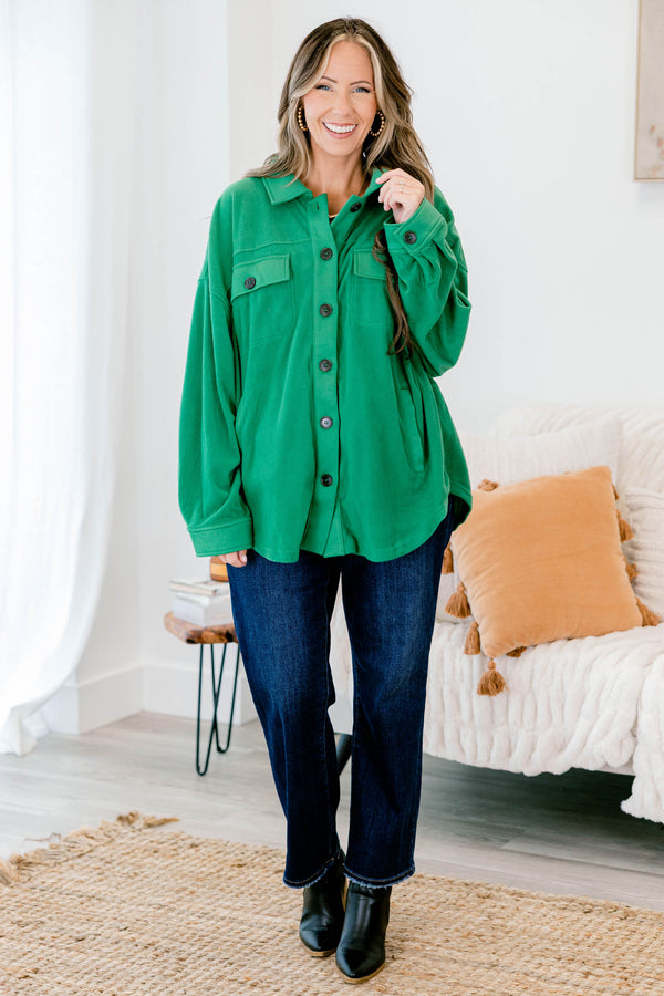 Chic Soul plus size clothing, Kelly green long sleeve button up shacket with oversized black buttons and 2 front chest pockets 