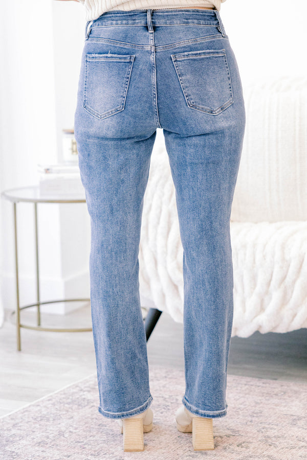 Chic Soul plus size clothing, medium wash straight leg blue jeans with a finished hem