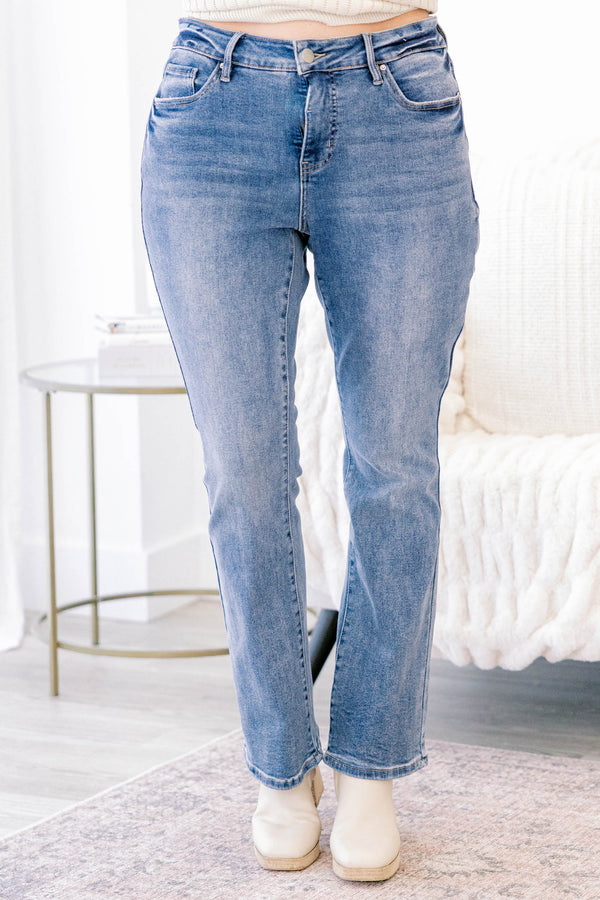 Chic Soul plus size clothing, medium wash straight leg blue jeans with a finished hem