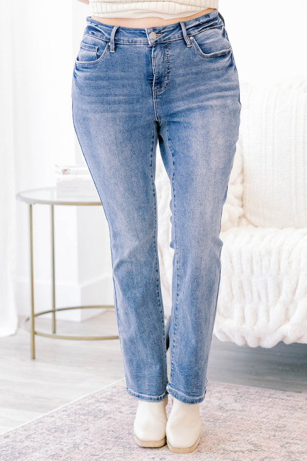 Chic Soul plus size clothing, medium wash straight leg blue jeans with a finished hem