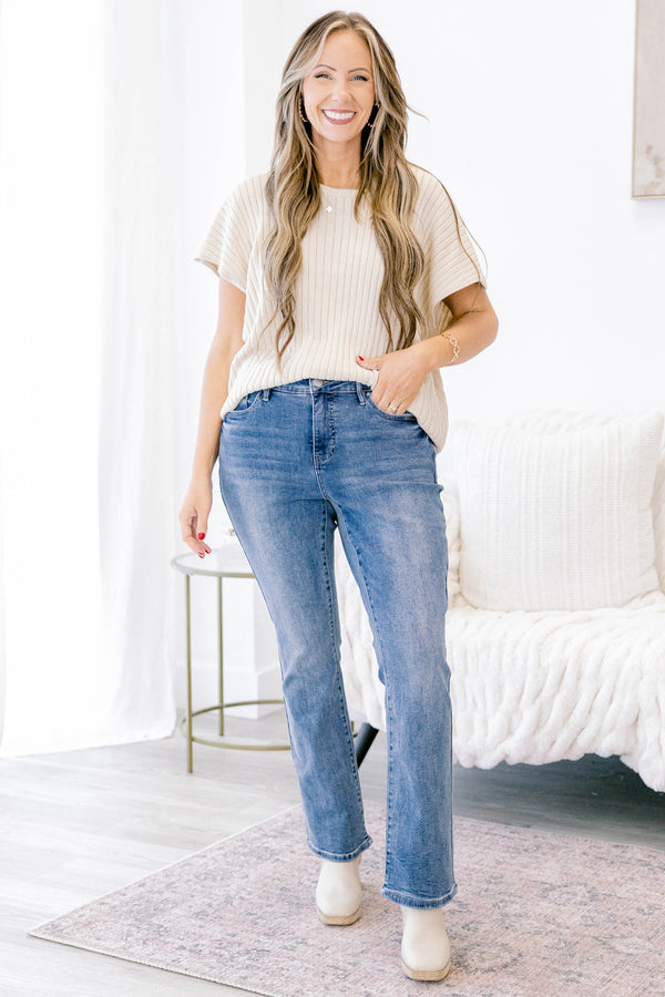 Chic Soul plus size clothing, medium wash straight leg blue jeans with a finished hem