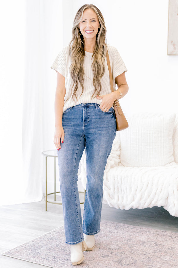 Chic Soul plus size clothing, medium wash straight leg blue jeans with a finished hem