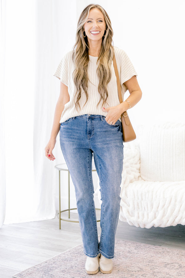 Chic Soul plus size clothing, medium wash straight leg blue jeans with a finished hem