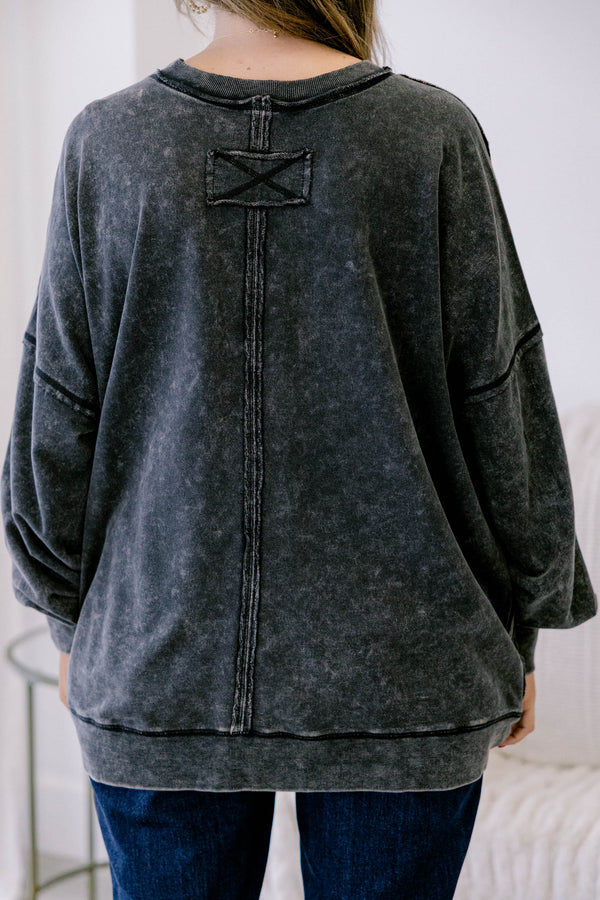 chic Soul plus size clothing, ash black pullover with an acid washed look as well as a front pocket on the left side of the chest 