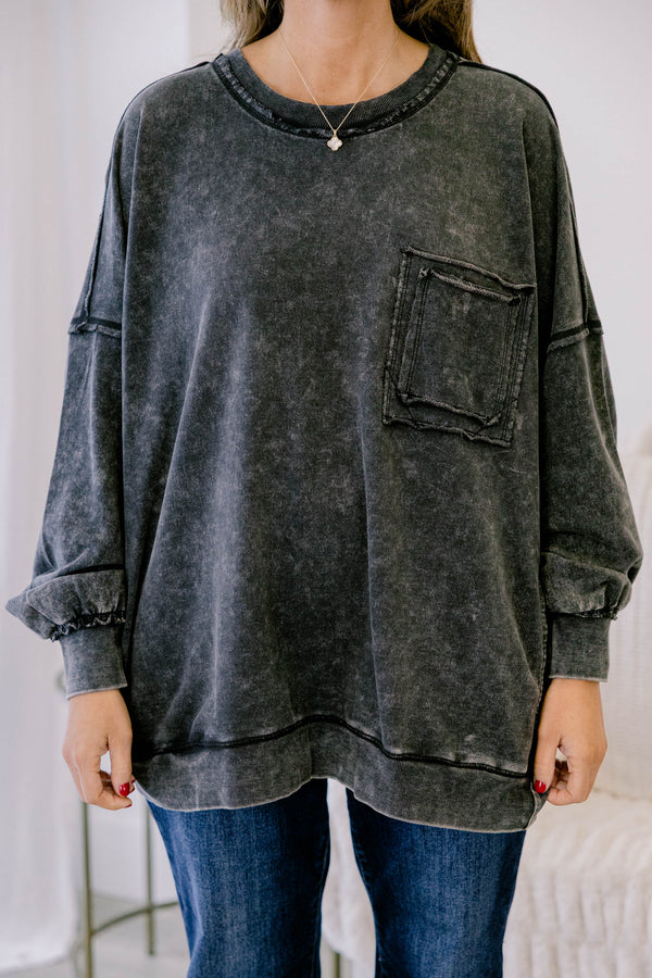 chic Soul plus size clothing, ash black pullover with an acid washed look as well as a front pocket on the left side of the chest 