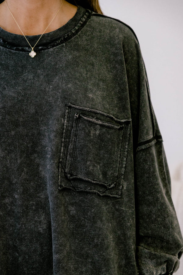 chic Soul plus size clothing, ash black pullover with an acid washed look as well as a front pocket on the left side of the chest 